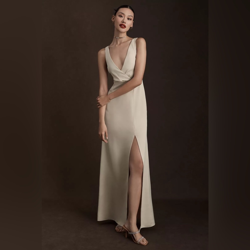 BHLDN Piper V-Neck Side-Slit Satin Gown - Champagne